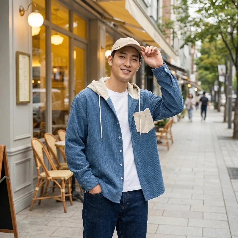 New Men's Corduroy Hoodie Shirt Long Sleeve Casual Streetwear Pocket Splicing Color Block Loose Fit Tops Autumn Spring Coats