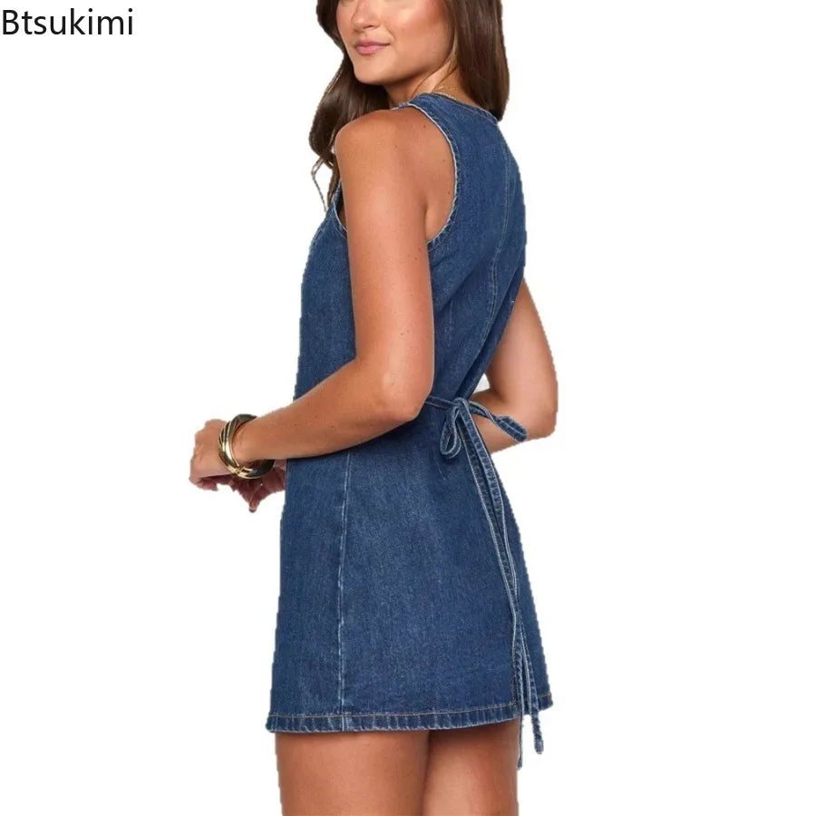 Women's Retro Spicy Girl Design Sleeveless Denim Dress Spring Summer Washed Denim Short Skirt High Waist V-neck Dress for Women