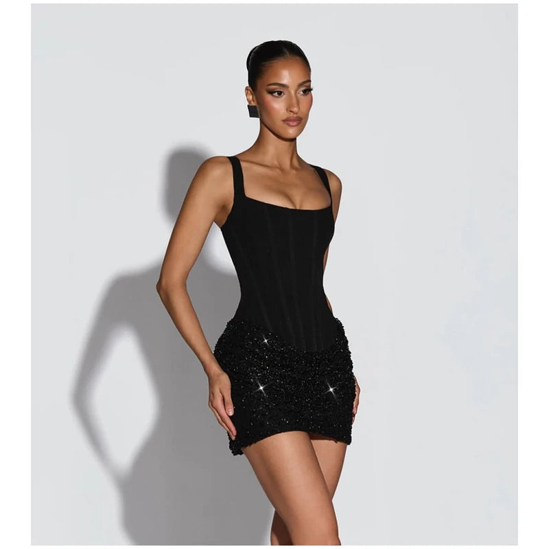 Sexy Women Pleated Bodycon Dress Sequin Backless Slim Spaghetti Strap Mini Summer Dresses 2026 Evening Nightclub Party Gown