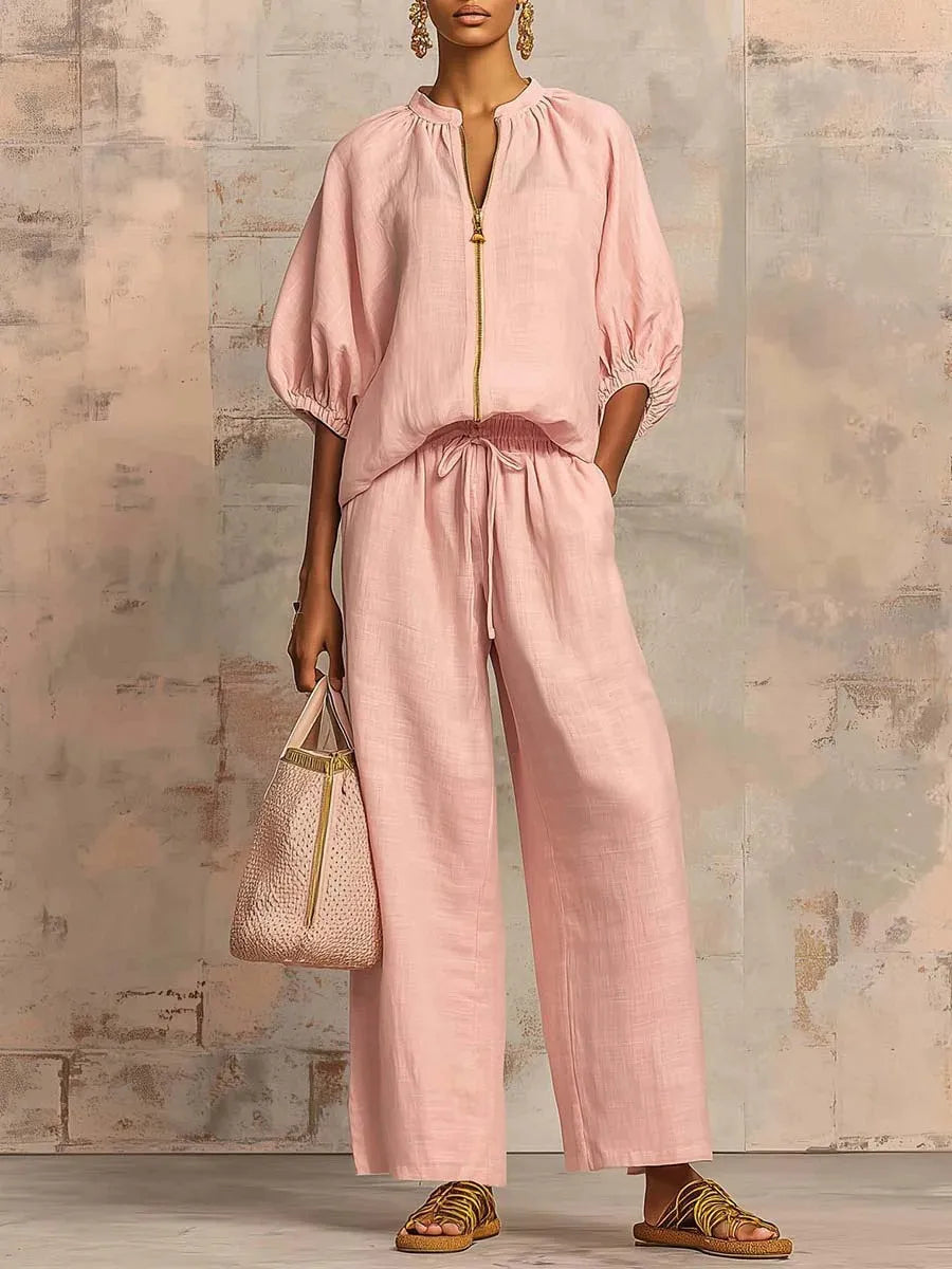 Women Solid 2 Piece Set Chic Laple Zipper Puff Sleeve Top + Wide Leg Pants Outfit Casual Matching Set for Vacation Daily Wear