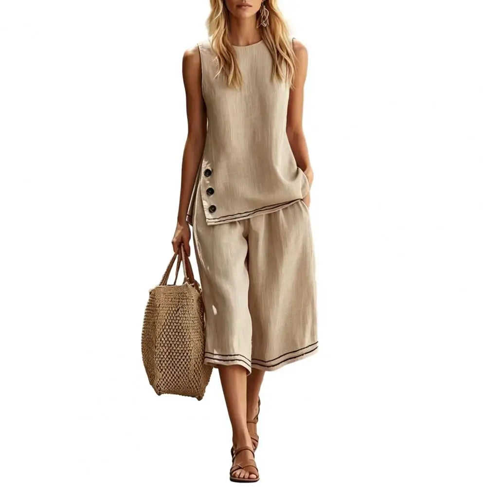 Women Two-Piece Set Soft Fabric Lounge Set Cotton Linen Sleeveless Vest ＆ Wide Leg Pants Suit Summer 2 Piece Sets Women Outfits