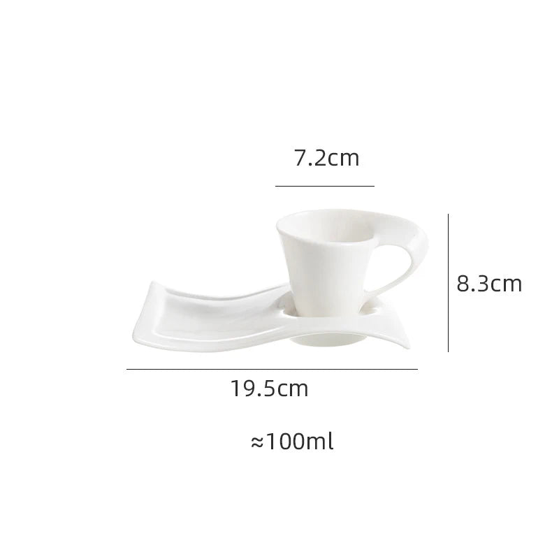 European Ceramic CoffeeCups Set with Wave Shape Plate 80 100 180 and 280ml Modern Minimalist White Cappuccino Latte Dessert Dish
