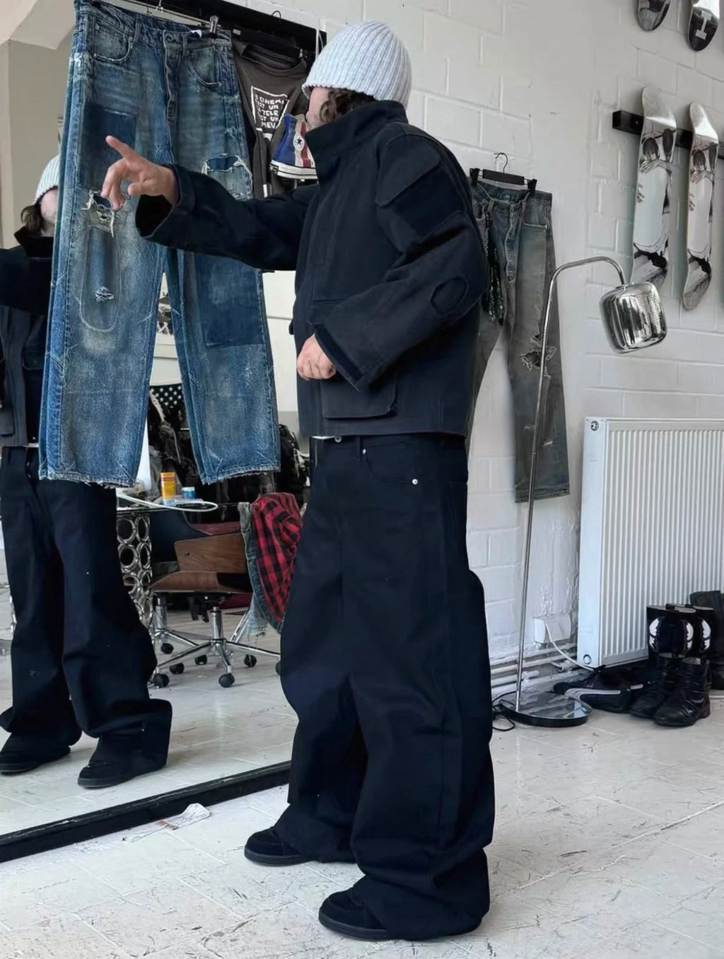 Black Raw Denim Jeans Baggy Pants Japanese Red Edge Raw Selvedge Fabric Straight Leg Men's Casual Trousers