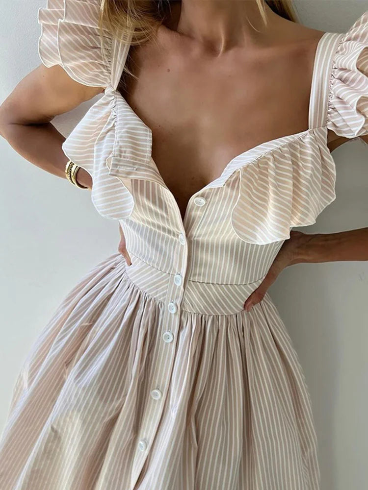 Fashionable Striped Ruffle Pleated Women's Dress Elegant Solid Square Neck Single Button Dresses Female Summer Chic Casual