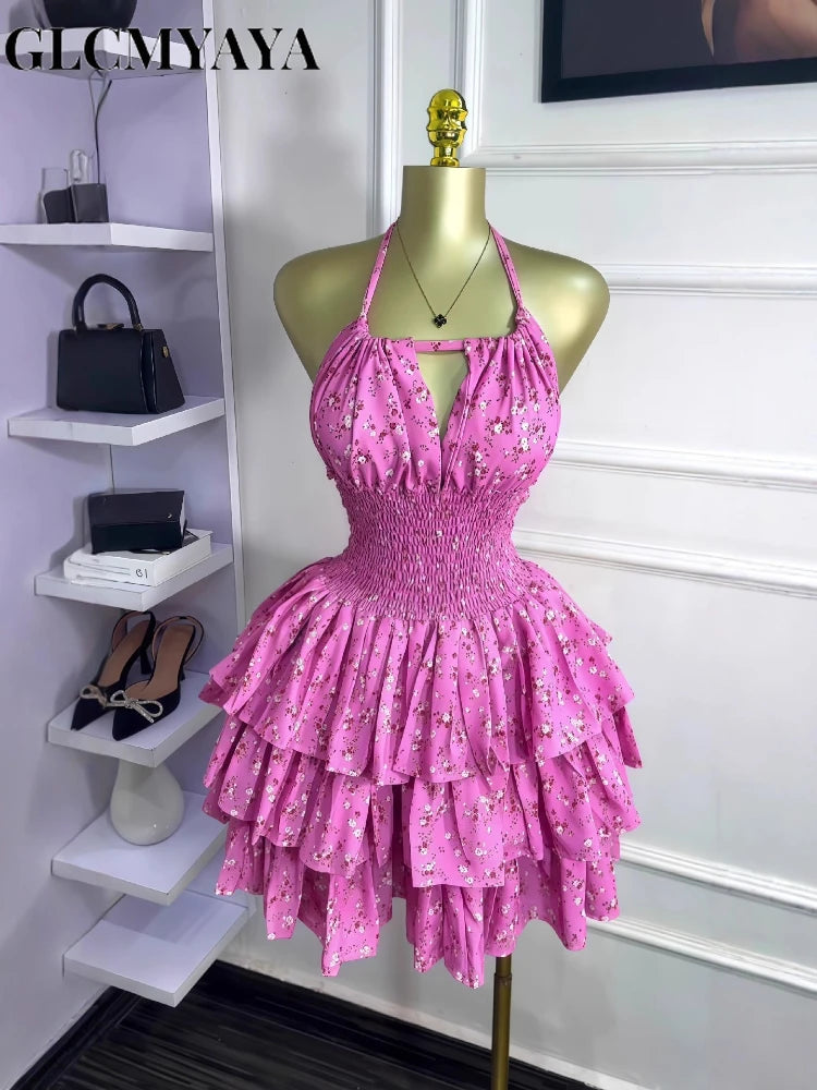 CM.YAYA Women Floral Printed Halter Ruffles Midi A-line Tiered Mini Dress Fall Vacation Elegant Evening Birthday Party Dresses
