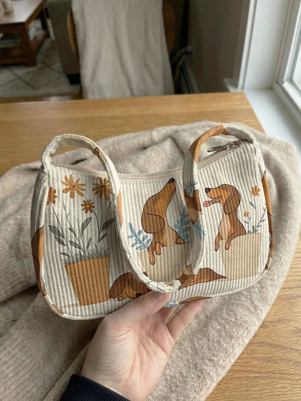 Trendy Dachshund & Floral Print Shoulder Bag, Beige Corduroy Underarm Bag for Daily Casual Use