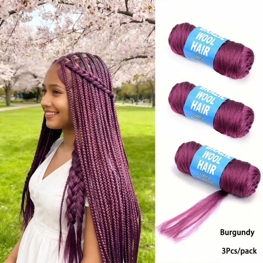 3 Pcs Brazilian Wool Acrylic Yarn for Braiding Synthetic Hair Extensions Crochet Box Senegalese Twist Jumbo Faux Locs for Women