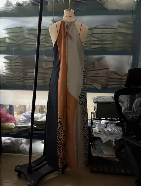 2026 New Women's Patchwork Animal Print Elegant Party Dresses Summer Halter Split Hem Long Dress Sleeveless Vacation Maxi Dress