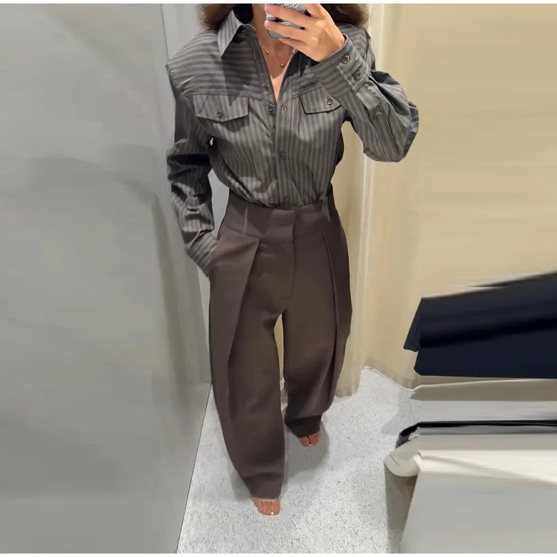 Multicolor Striped Shirt 2 Picec Set Button Front Blouse High Waist Flared Hem Maxi Skirt 2026 Summer Elegant Lady Vacation Suit