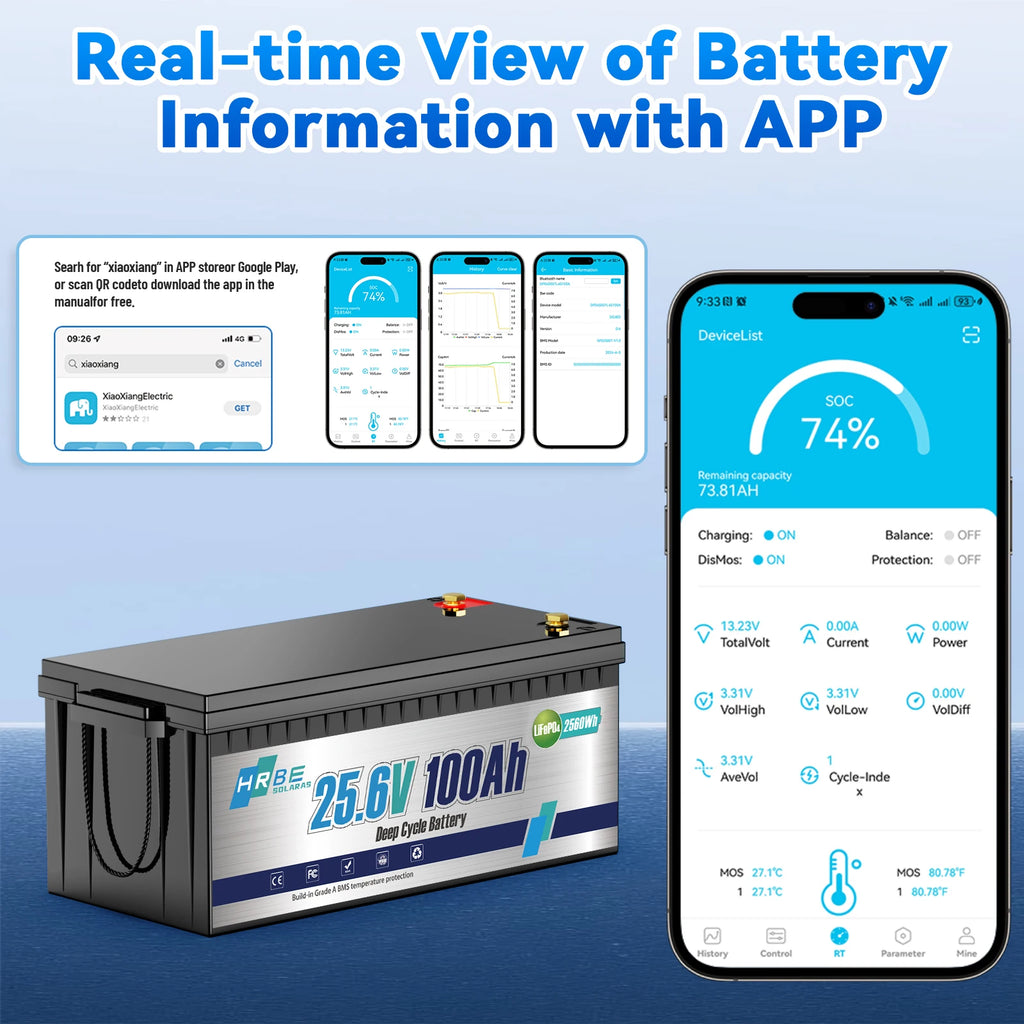 HRBE 24V 100Ah LiFePO4 Battery Bluetooth With BMS 8000+Deep Cycles For Camper RV Home Energy Solar Trolling Motor 24V Lithium Battery