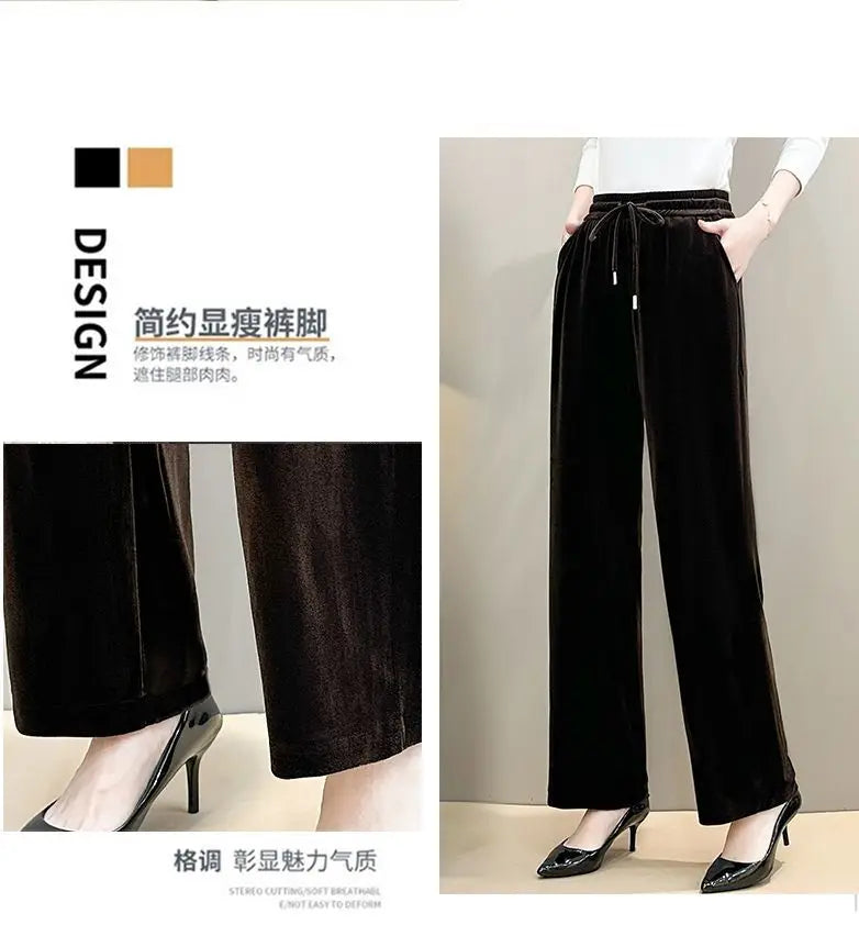 Women Drawstring High Waist Velvet Wide Leg Long Pants