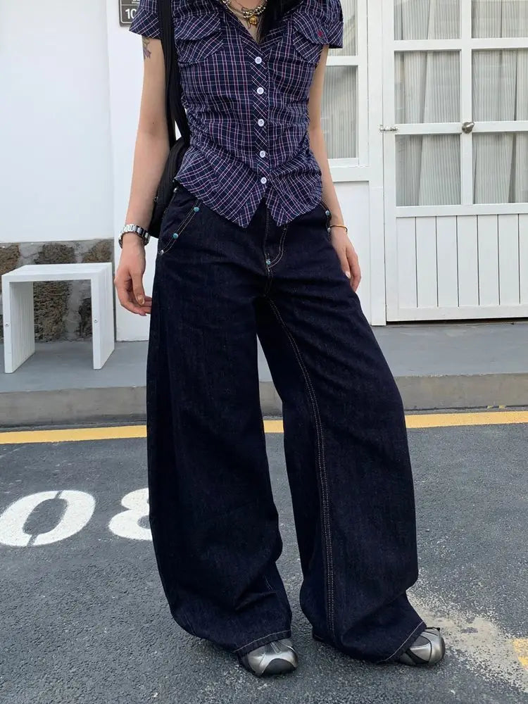 American Retro Blue Jeans Women Y2k Vintage Oversized High Street Wide Cargo Denim Trousers Casual Baggy Straight Denim Pants