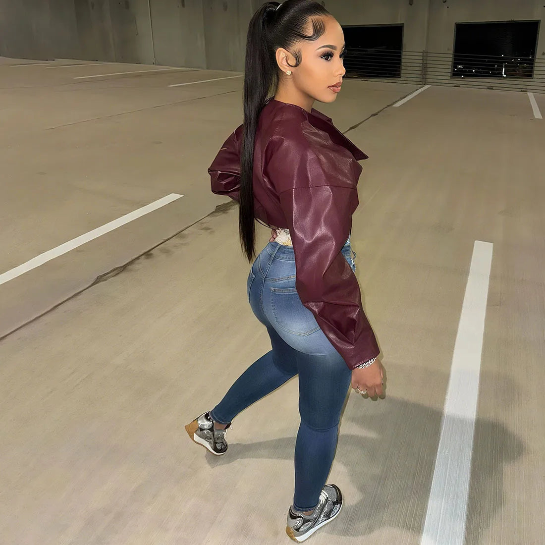 Joskaa 2025 Fall Women's PU Leather Jackets Fashion Solid Lapel Full Sleeve Slim Irregular Crop Coats Outerwear Y2K Streetwear