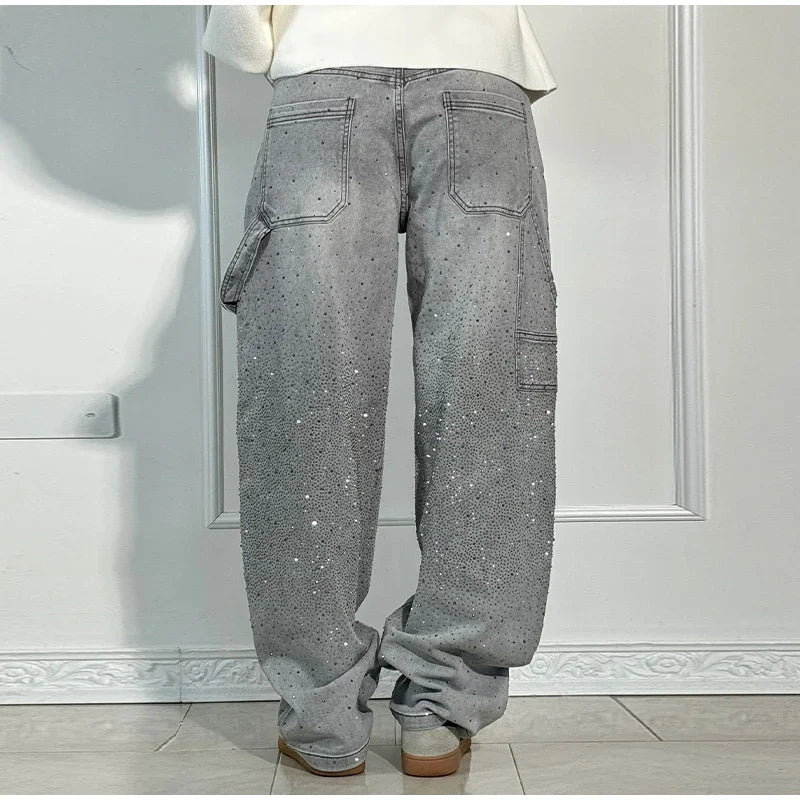 Shiny Rhinestone Baggy Women's Wide Leg Jeans Full Diamond Wide Leg Dragging Denim Pants Vintage Washed Pants Casual Trousers