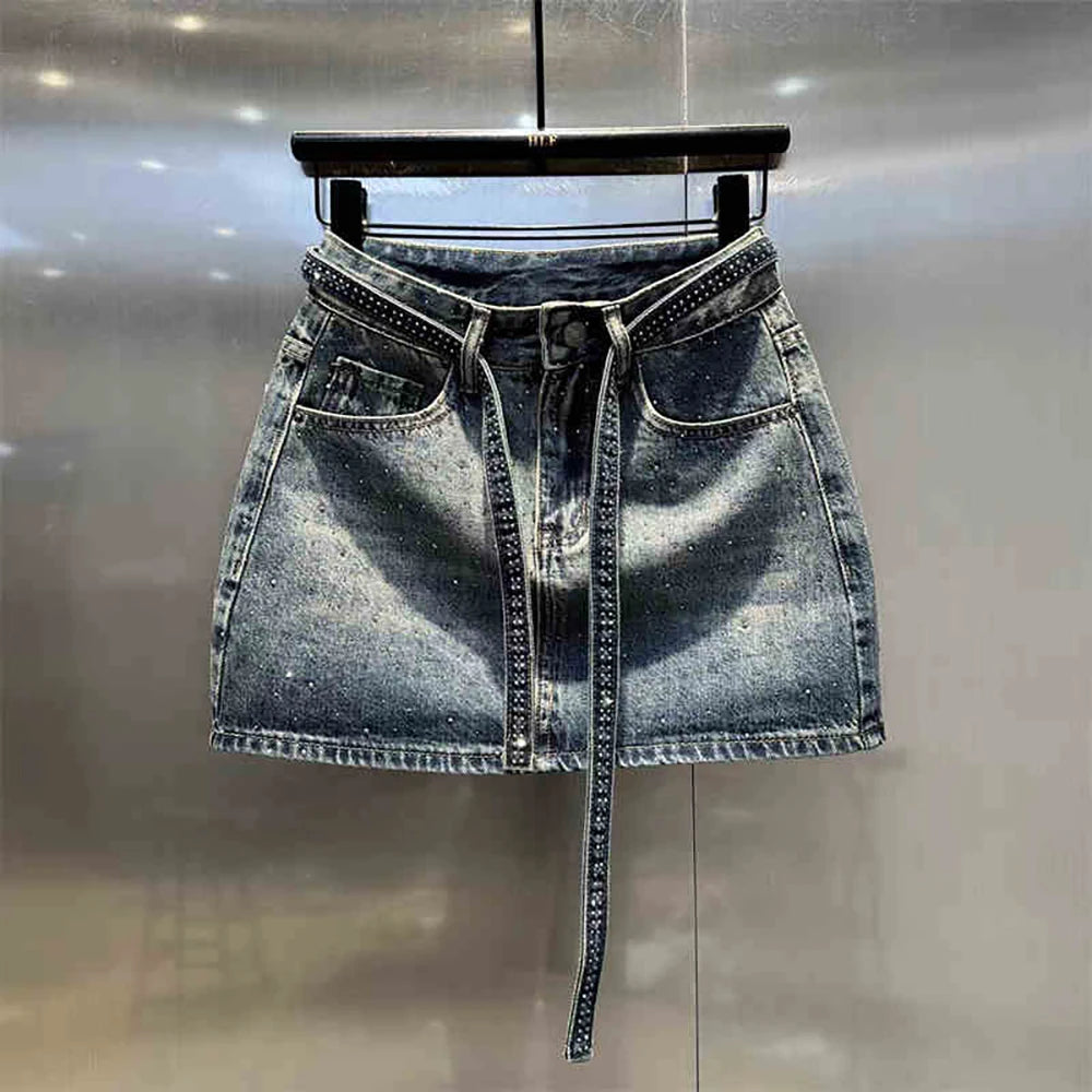 Oversize Retro Diamond Denim Mini Skirt for Women Summer High Waist Shiny Rivet Slim Skirts Gradient Black Grey Jean Skirts