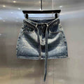 Oversize Retro Diamond Denim Mini Skirt for Women Summer High Waist Shiny Rivet Slim Skirts Gradient Black Grey Jean Skirts