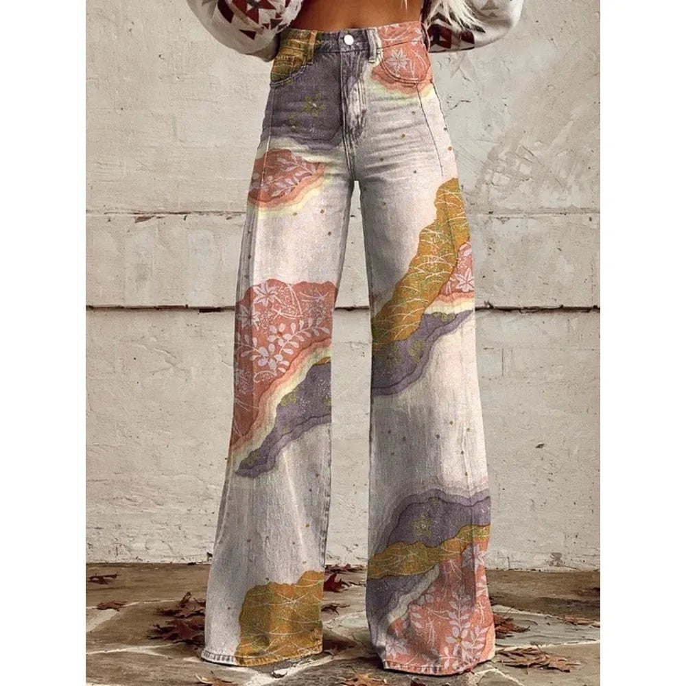 Pink Green Aztec Geometric Print High Waist Wide Leg Pants Cotton Casual Boho Trousers Vintage Women's Western Casual Trousers