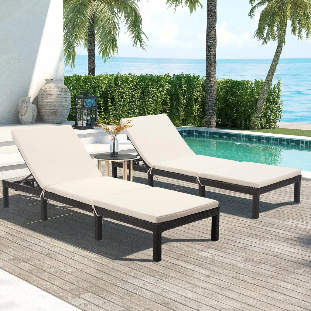 Outdoor Rattan Chaise Loungers with Adjustable Cushion Backrest Pool Terrace Deck