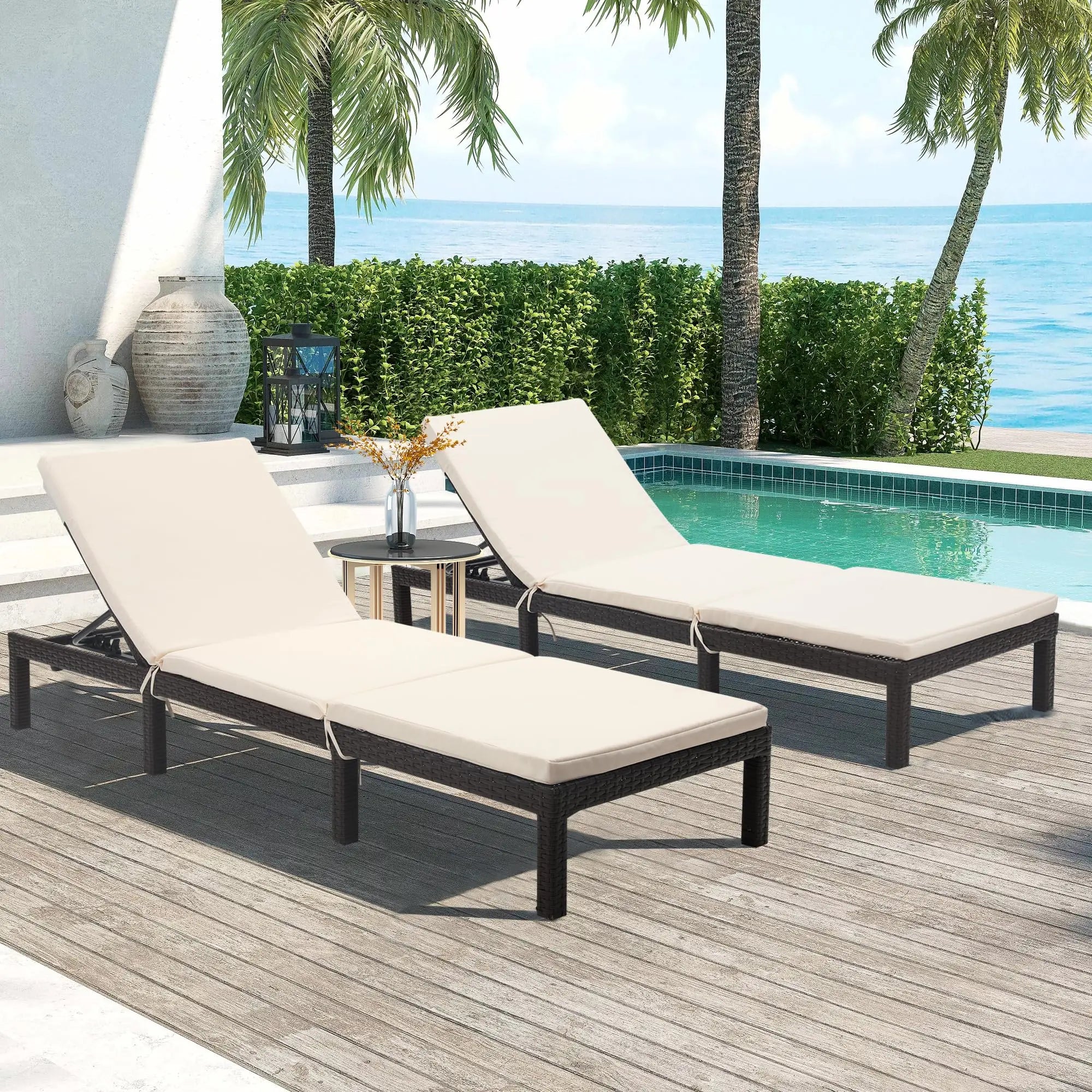 Outdoor Rattan Chaise Loungers with Adjustable Cushion Backrest Pool Terrace Deck