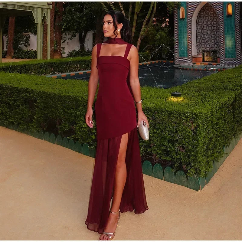 Boho Chic Elegant Mesh Patchwork Sling Dress Sexy Loose Sleeveless Split Scarf Long Dress Female 2026 New Party Evening Dresses
