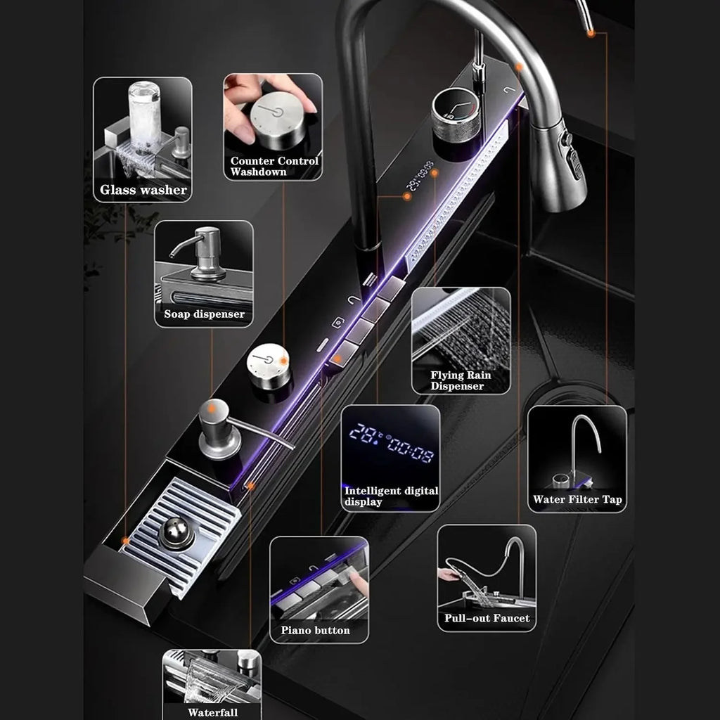 Kitchen sink double waterfall sink with LED display with cup washer, soap dispenser, waterfall mixer, worktop controller, etc. w