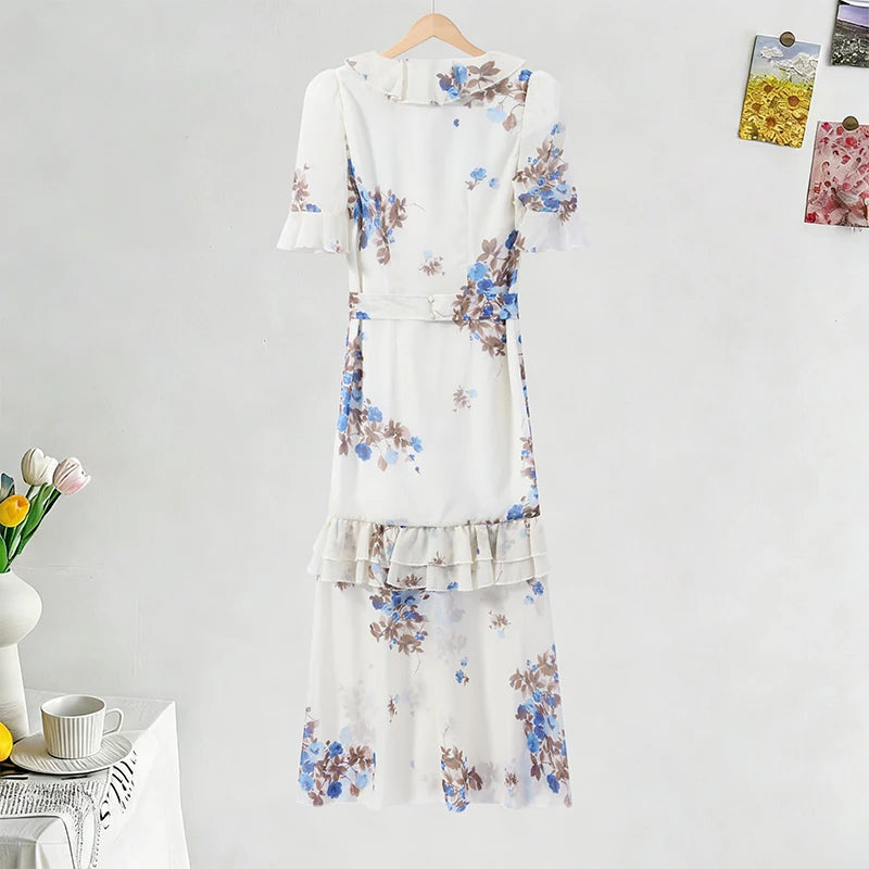 Sexy Print Women Long Dress Urban V-neck Single Breasted Ruffles Half Sleeve Female Dresses 2026 Spring Autumn Lady Robe
