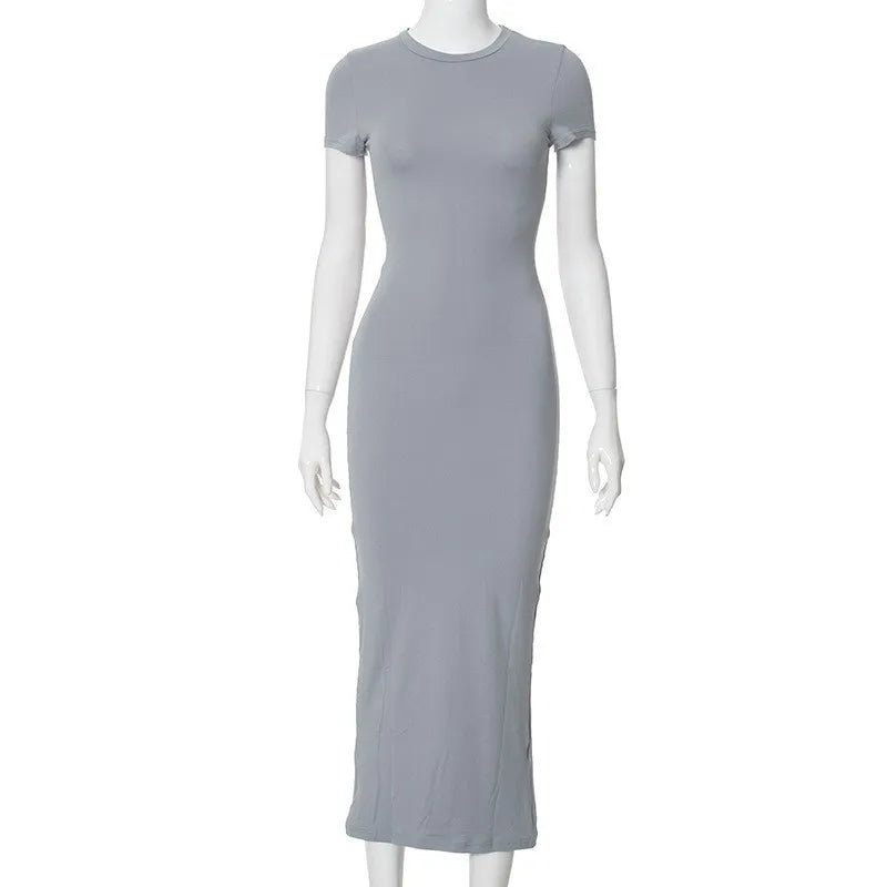 Sexy Skinny Women's Bodycon Party Dress Fashion O-neck Short Sleeve Solid Color Wraped Hip Package Long Dress Female Sexy Dress