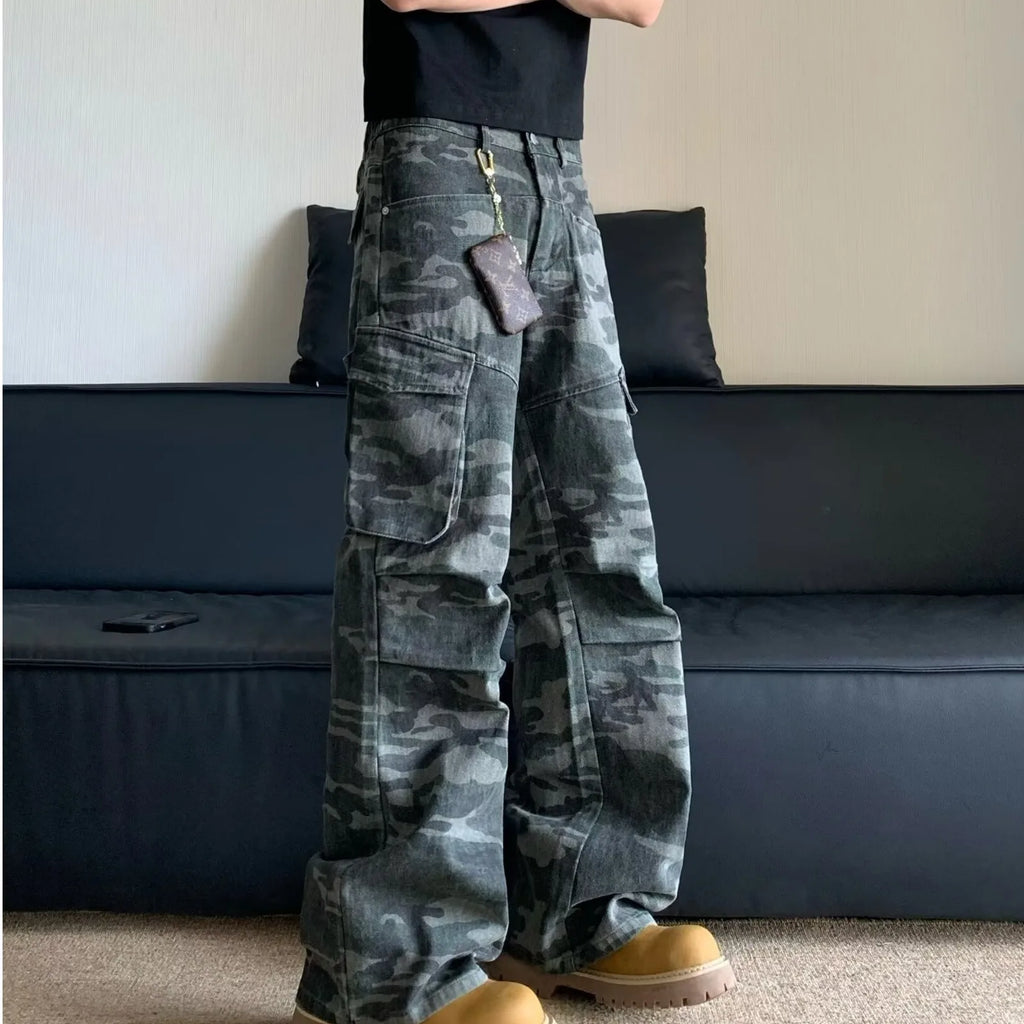 Summer Large Size American Retro Camouflage Work Pants Men's Loose Straight Leg Jeans with Diagonal Pockets Casual Long Trousers