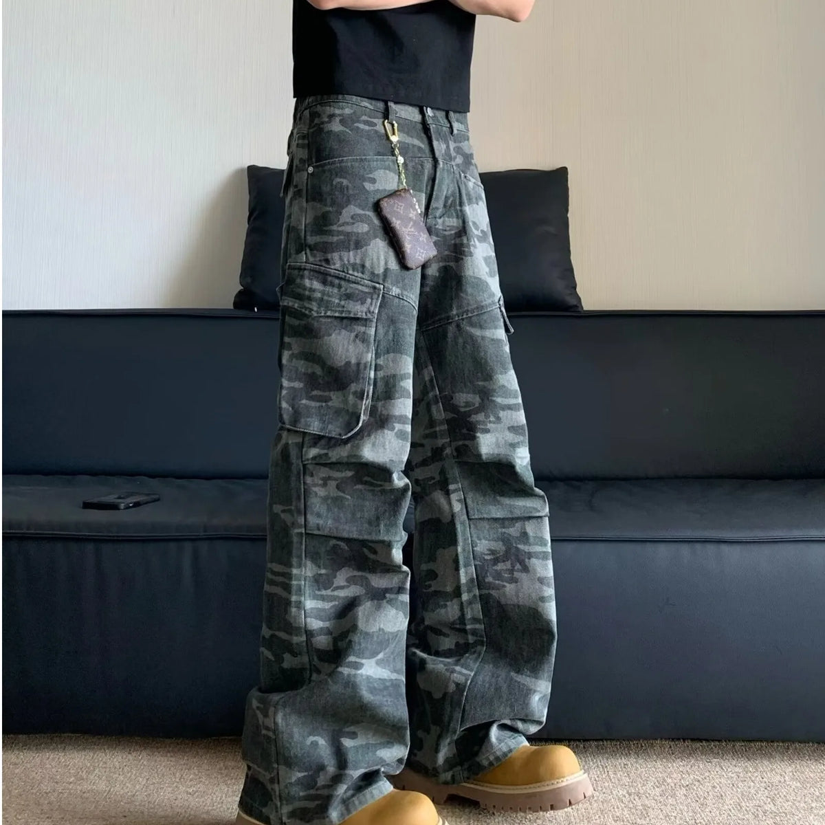 Summer Large Size American Retro Camouflage Work Pants Men's Loose Straight Leg Jeans with Diagonal Pockets Casual Long Trousers
