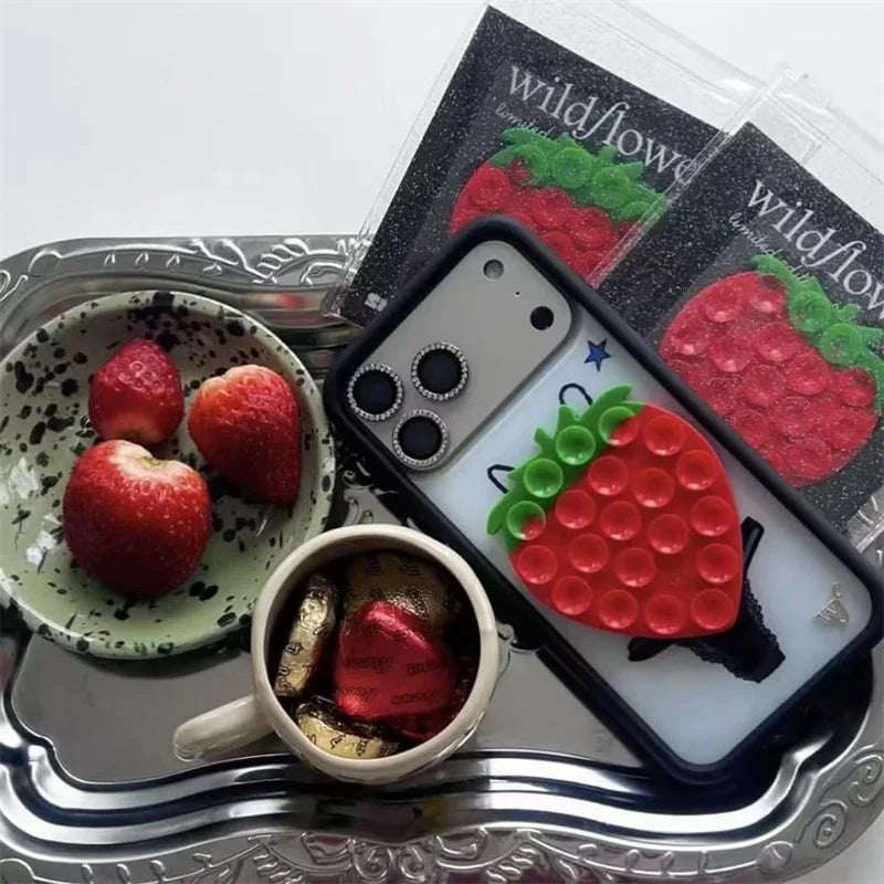 Wildflower Love sucker sucking disc strawberry Phone Case for iPhone 17 16 15 14 13 12 Pro Max Star suction cup Stickers Cover