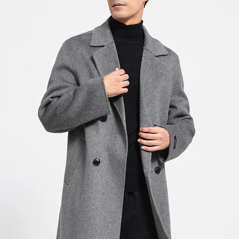 Men's 100% Cashmere Thick Double-Sided Extended Coat, Classic and Versatile Fashion for Business and Leisure