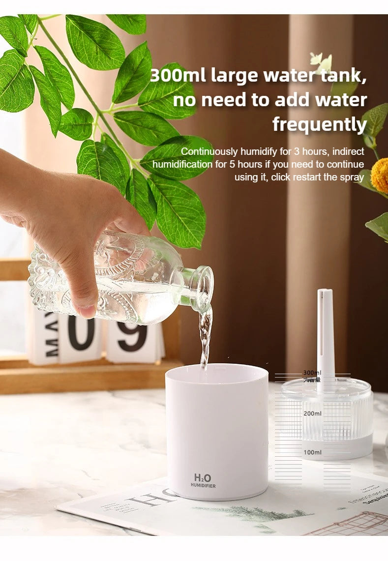 Mini 300ml Portable Air Humidifier USB Desktop Indoor Mute Air Atomization Humidifier Mist Maker Lights for Car Home Bedroom