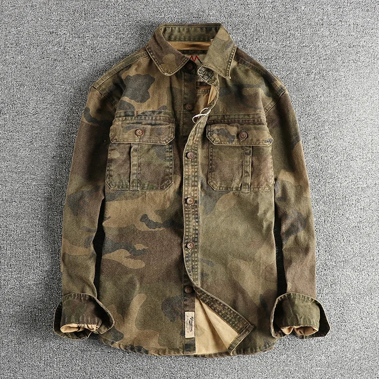 2024 Autumn and Winter New American Retro Woven Camouflage Cargo Shirt Men's 100% Cotton Washed Old Double Pockets Thin Jacket