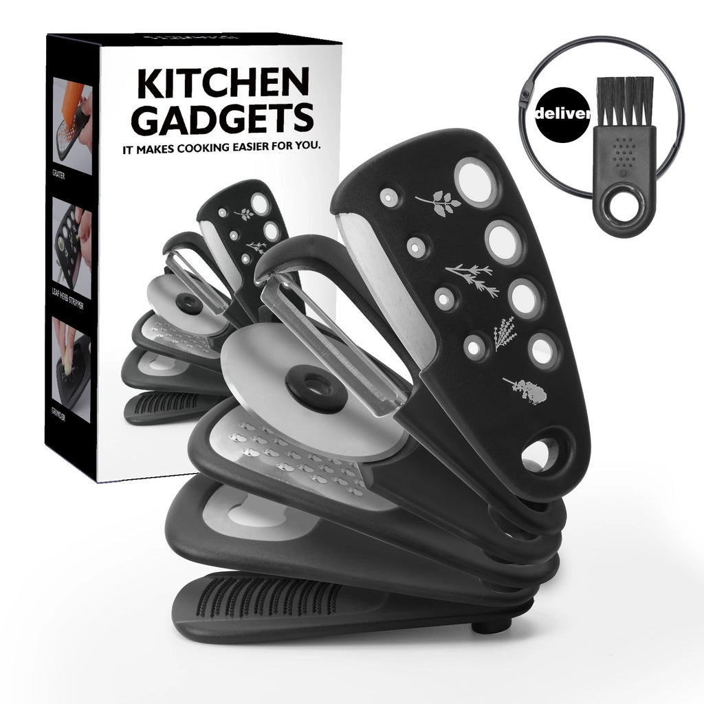 Stackable Kitchen Gadgets 6-Piece Melon Grinder Herb Cutter Garlic Grinder Can Opener Cheese Grater Pizza Cutter