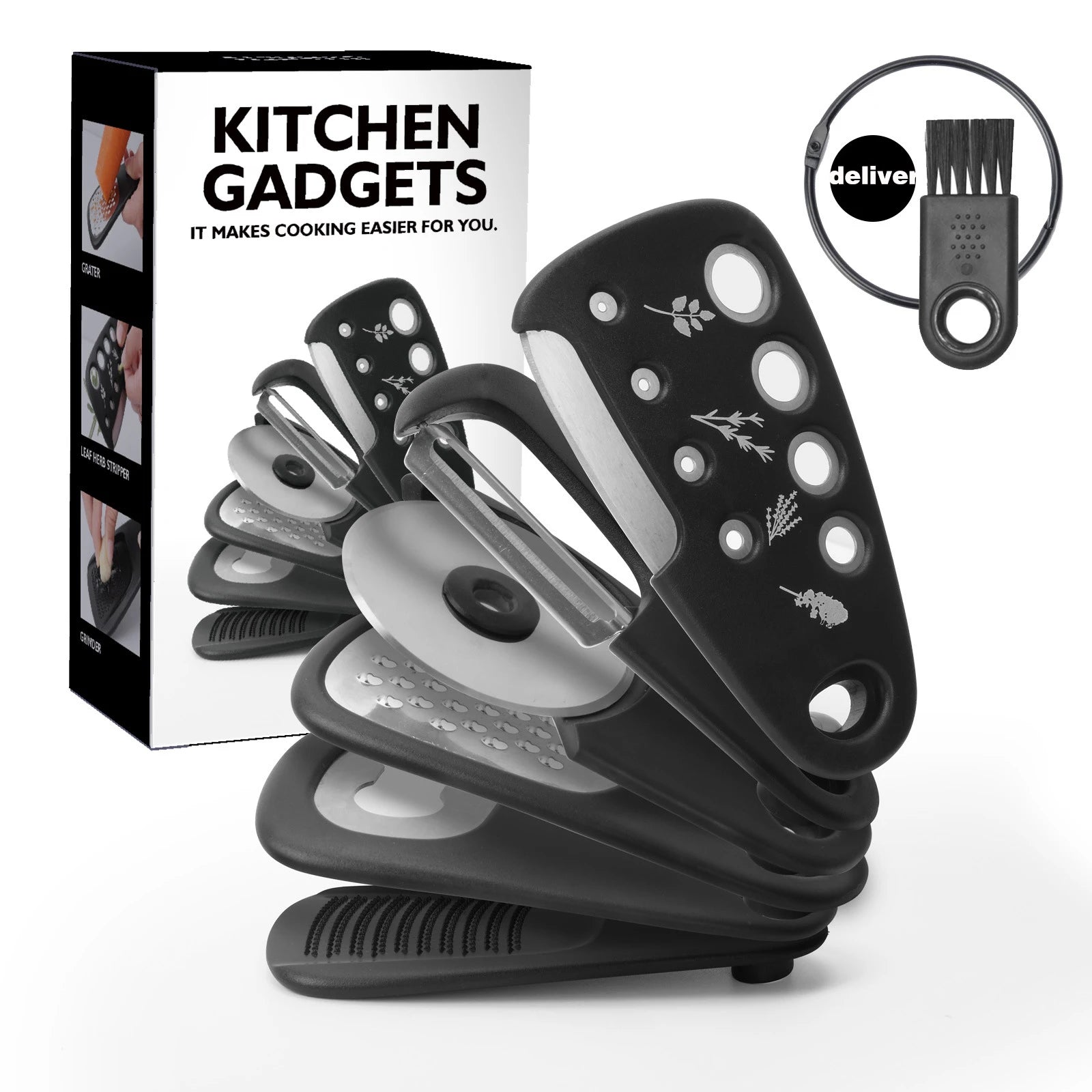 Stackable Kitchen Gadgets 6-Piece Melon Grinder Herb Cutter Garlic Grinder Can Opener Cheese Grater Pizza Cutter