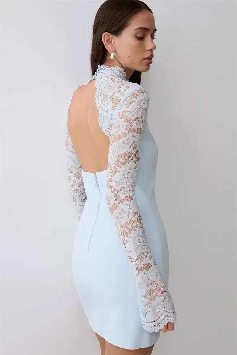 Women Elegant Lace Patchwork Sexy Mini Dress Fashion High Neck Long Flare Sleeve Backless Bodycon Club Party Dresses