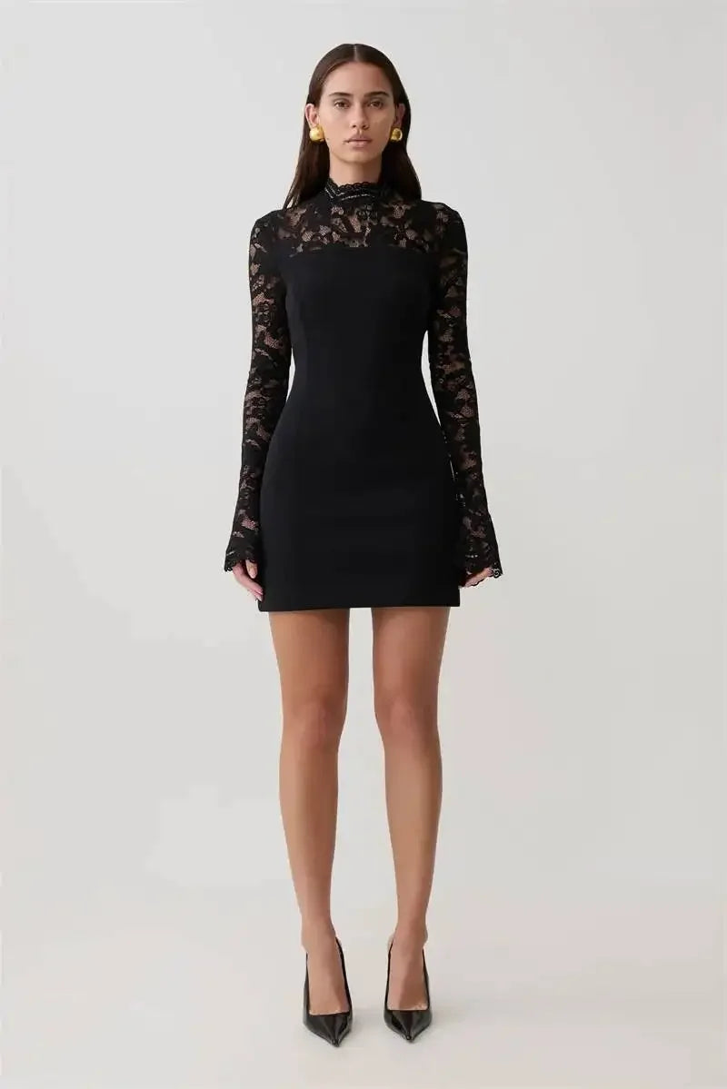 Women Elegant Lace Patchwork Sexy Mini Dress Fashion High Neck Long Flare Sleeve Backless Bodycon Club Party Dresses