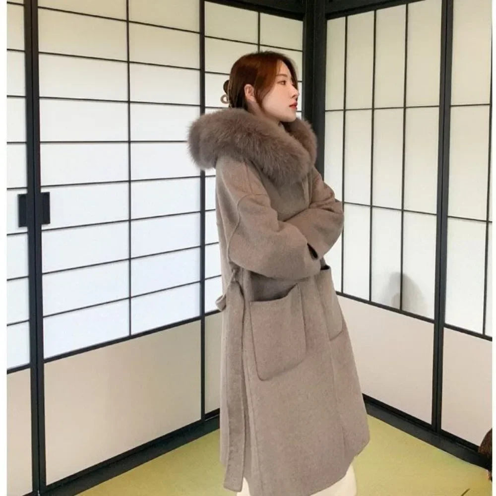 Real Fur Wool Outerwear Wool Blends Coat Natural Fox Fur Collar Hooded Cashmere Winter Jacket for Women Streetwear High Street