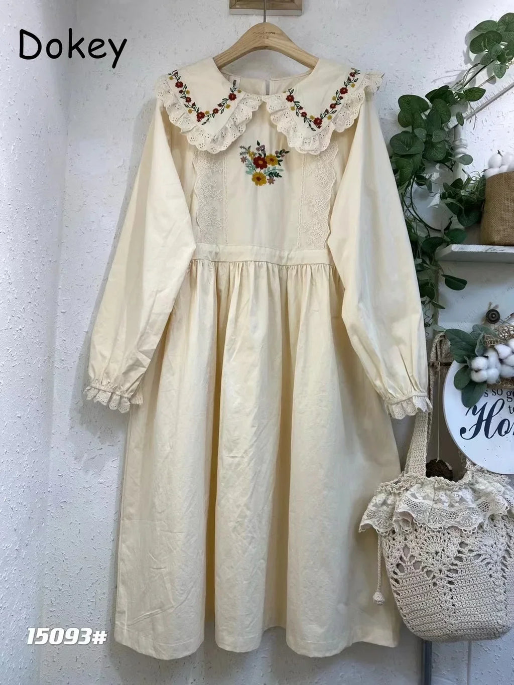 Mori Girl Floral Embroidery Cotton Linen Dress for Women, Autumn Lace, Peter Pan Collar, Kawaii Dress, Casual Long Sleeve Sundre