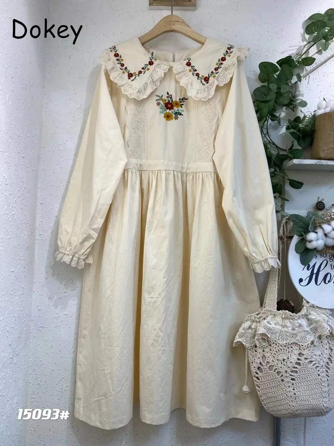 Mori Girl Floral Embroidery Cotton Linen Dress for Women, Autumn Lace, Peter Pan Collar, Kawaii Dress, Casual Long Sleeve Sundre