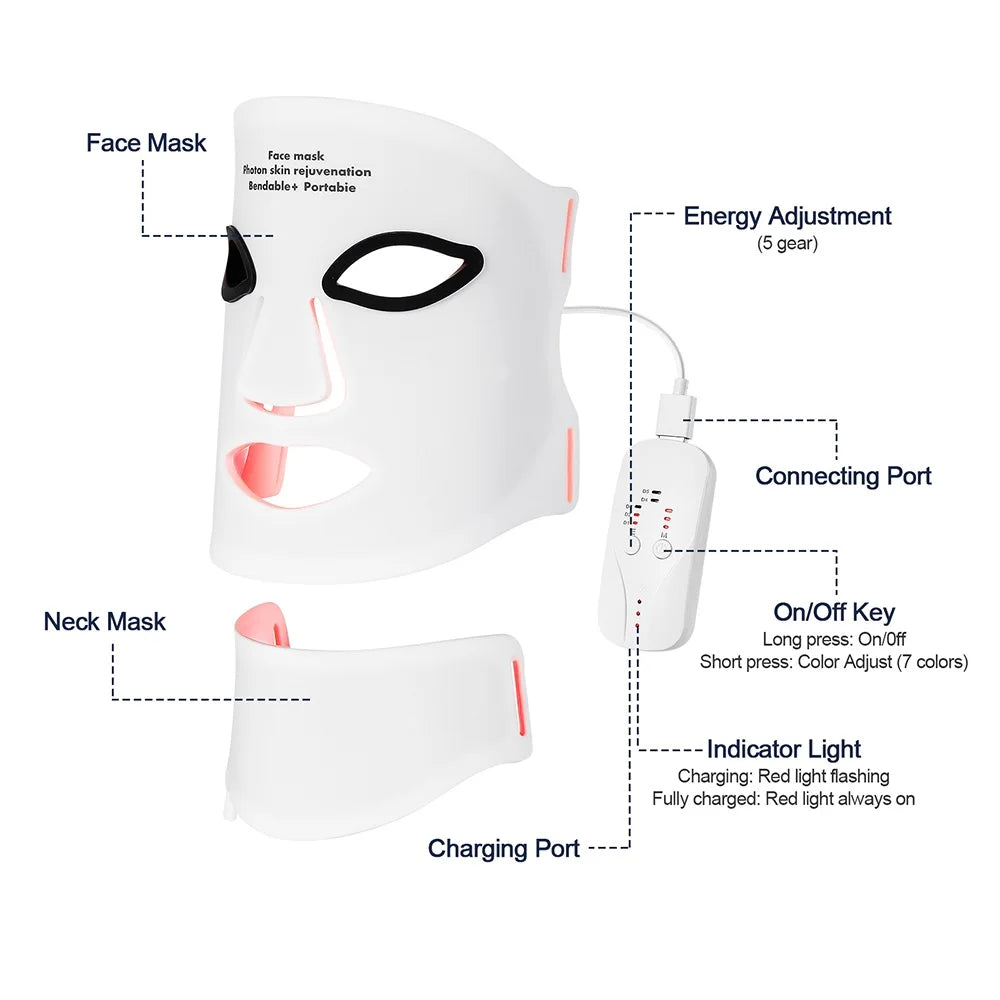 Silicone LED Mask Face And Neck 7 Colors LED Photon Red Light Infrared Therapy Flexible Facial Mask Repair Skin Wireless Use
