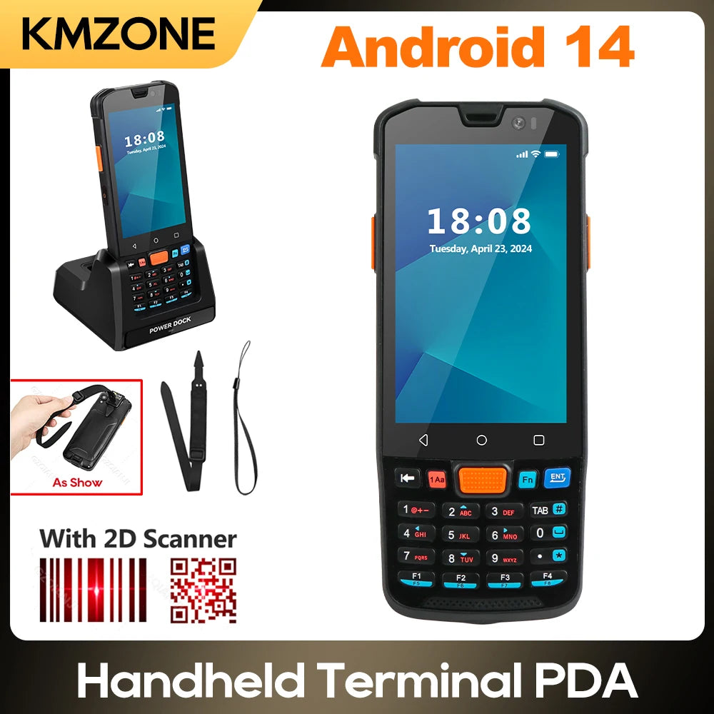Android 14 Handheld PDA Portable Terminal 1D/2D Barcode Scanner Data Collector with NFC WIFI 4G 3+32GB Running Charger Station