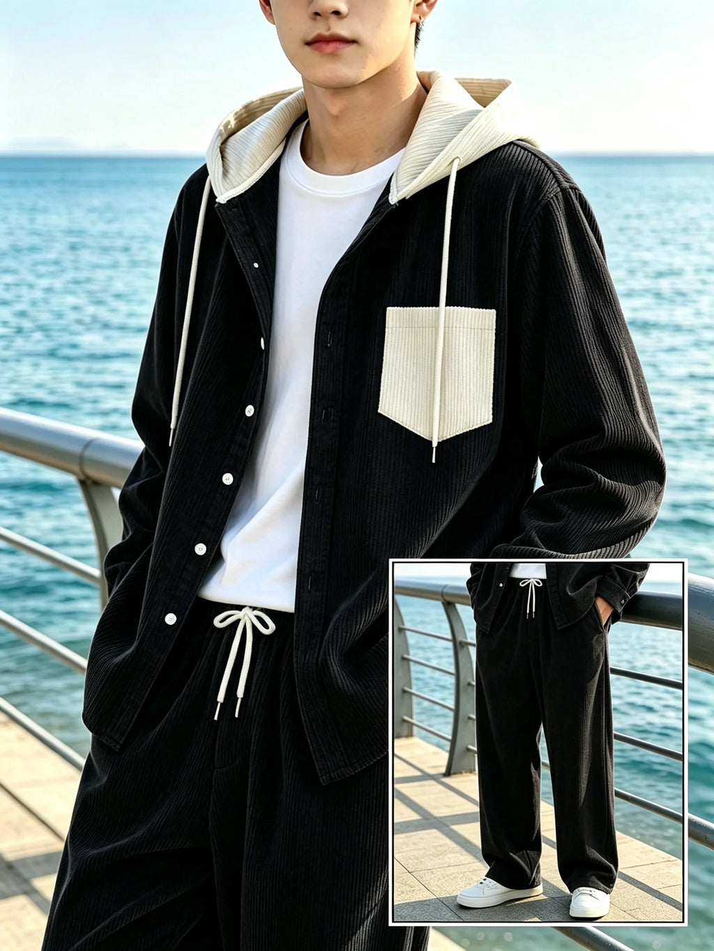 Men Corduroy Tracksuit Set Fixed Hooded Shirt Jacket And Drawstring Wide Leg Pants 2 Pieces Outfit Casual Streetwear Suit