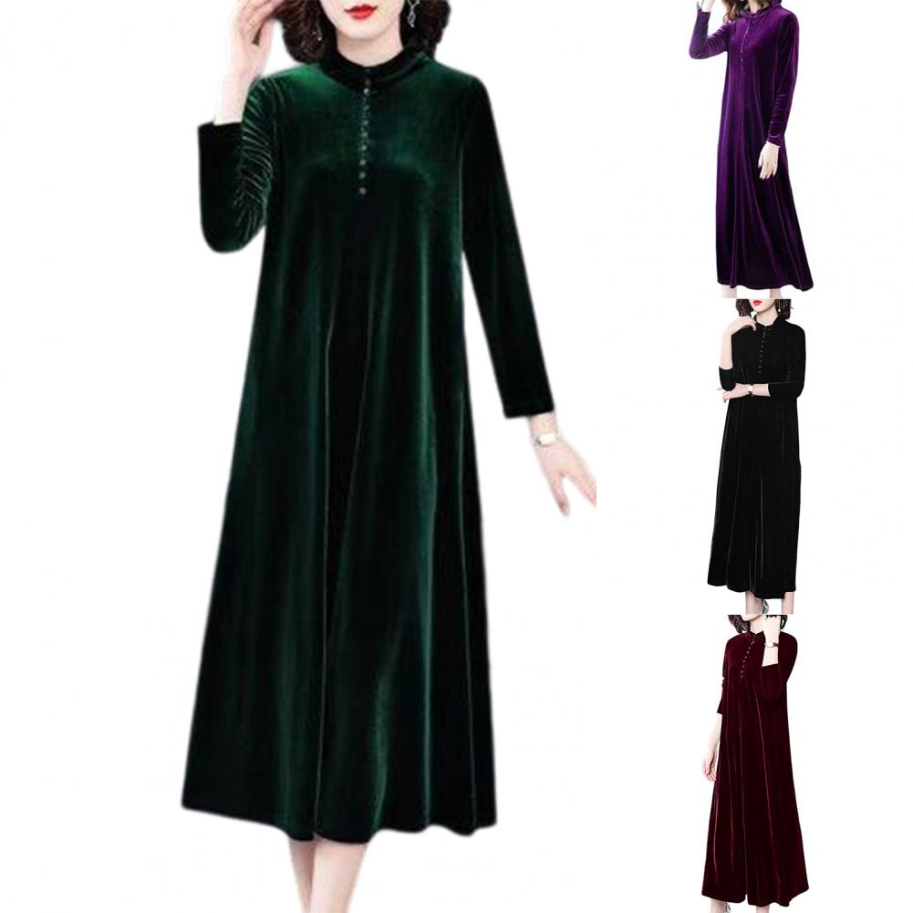 Women Fall Dress Solid Color Loose Long Sleeves Button Maxi Dress Keep Warm Velvet Mom Spring Dress Women Clothes