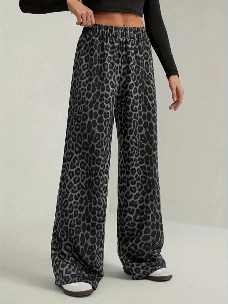 2026 New Leopard Print Pants Women Elasticity High Waist Loose Wide Leg Pants Women Fashion High Street Straight Casual Pants