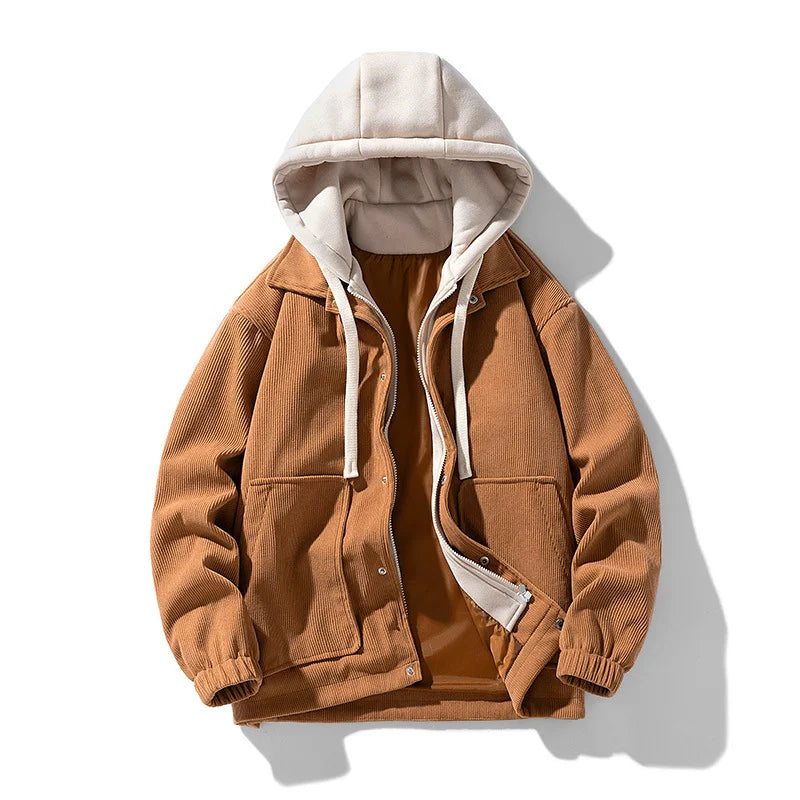 2025 New Corduroy Jacket Men's Harajuku Japanese Windproof Warm Fake Two-piece Hooded Coat Womens Casual Loose Pocket Jacket 4XL