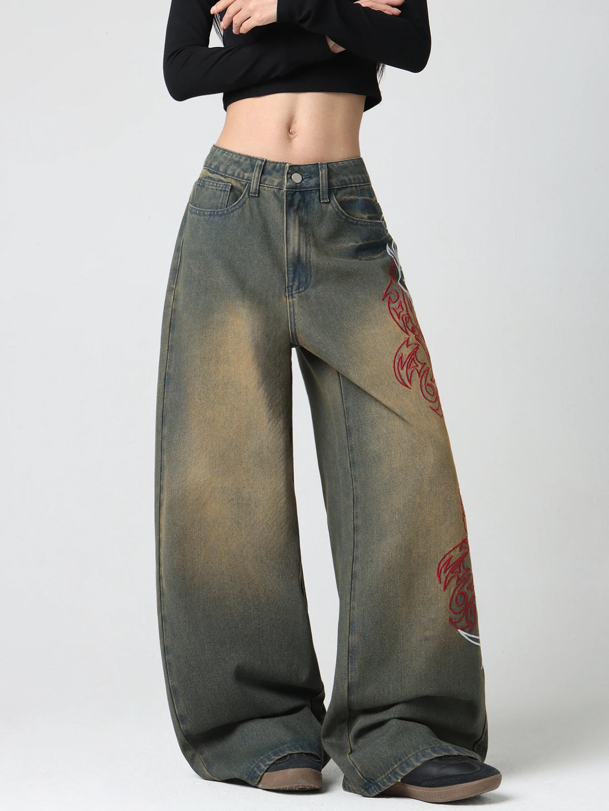European And American Style, Dragon Pattern Flame Contrast Embroidery, Vintage Aby Style, Yellow Mud Gradient Jeans