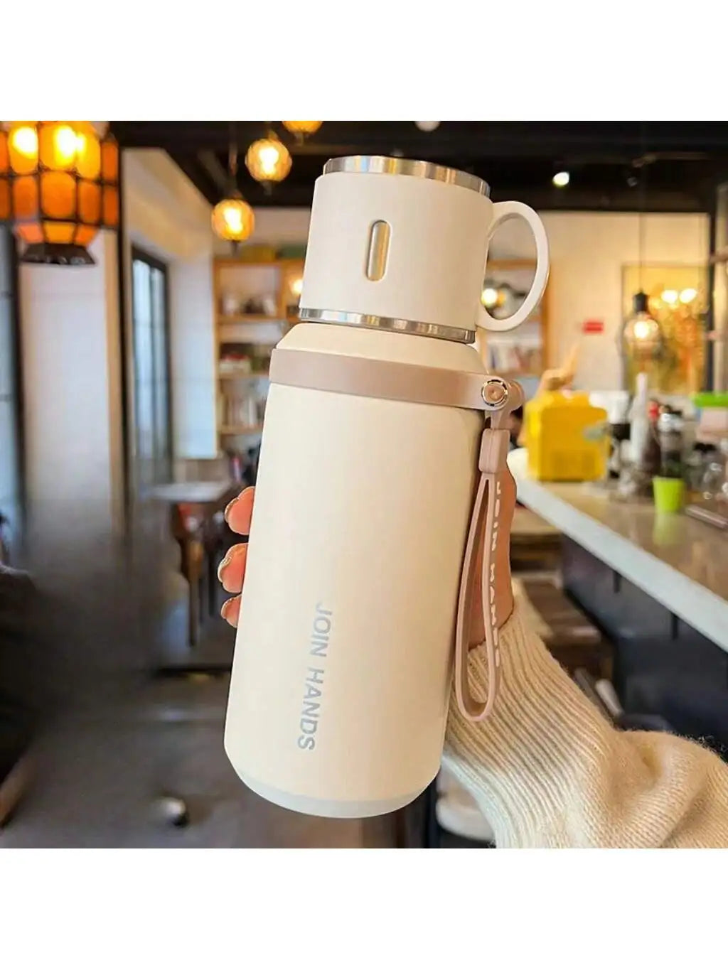 304 Stainless Steel Vacuum Insulated, Portable Thermal Water Bottle With Cup Lid & Carry Strap, Leakproof Hot Cold Flask For Travel Outdoor Office