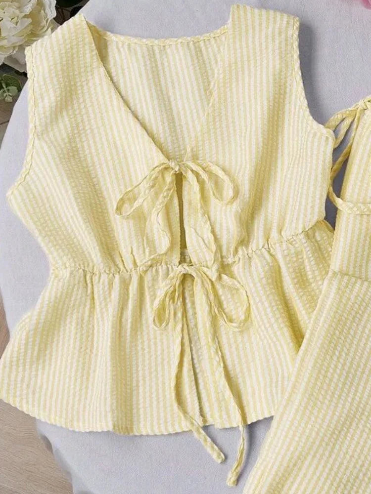 Striped Two Piece Set Women V Neck Bow Lace Up Sleeveless Blouse High Elastic Waist Wide Leg Pants Suits Sweet Casual Tracksuits