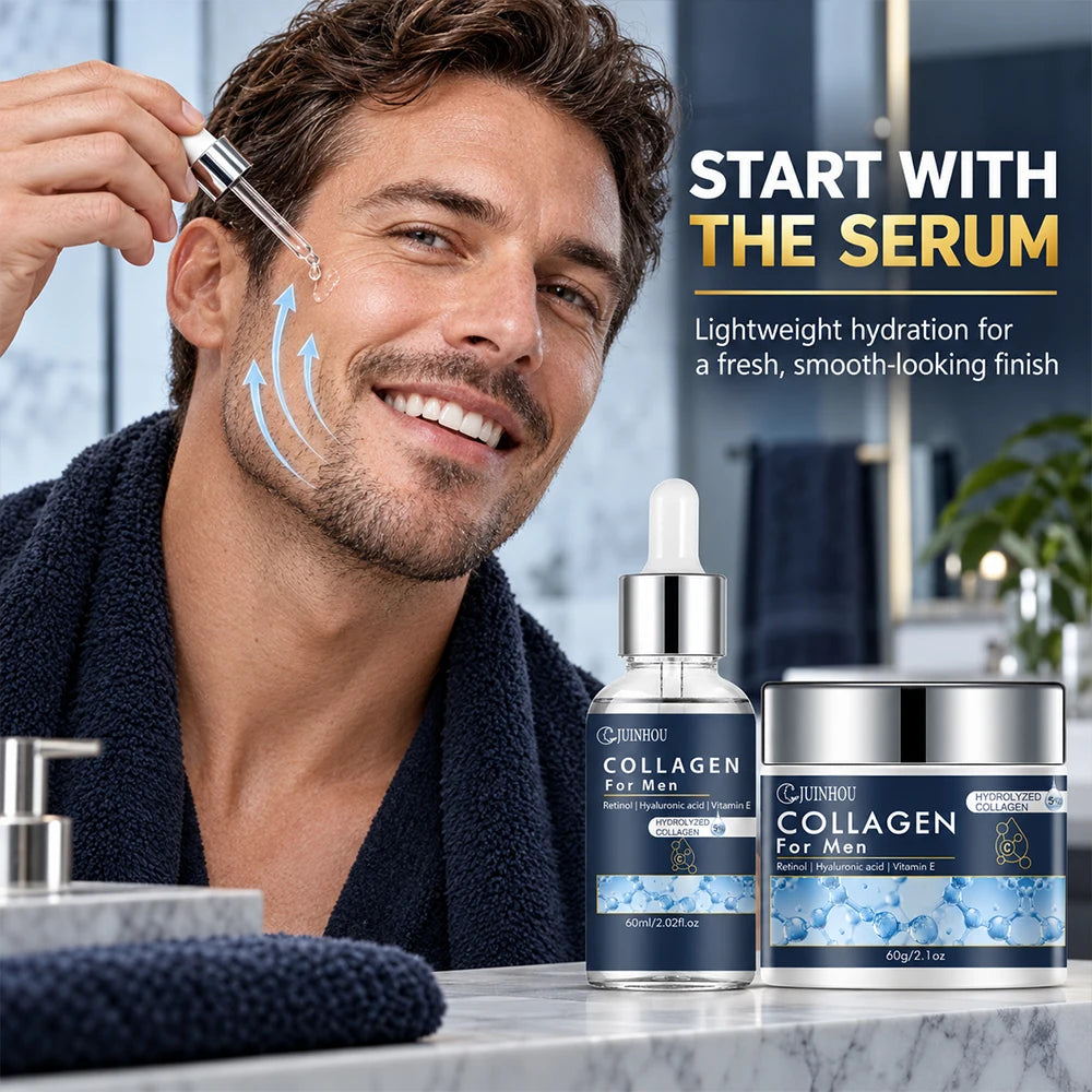 JUINHOU Men Facial Hydration Cream Serum Set Collagen Moisturizing Anti Aging Oil Control Firming Refreshing Non-Greasy Skincare